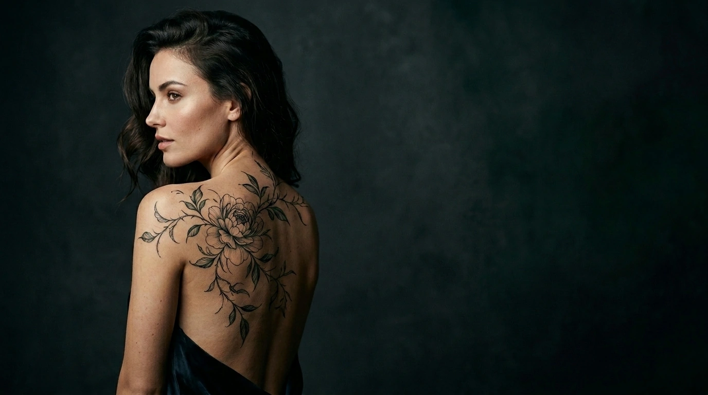 Model with fine-line botanical flower tattoo preview