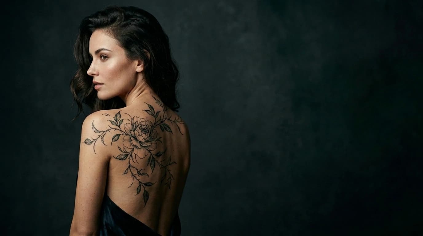 Model with fine-line botanical flower tattoo preview